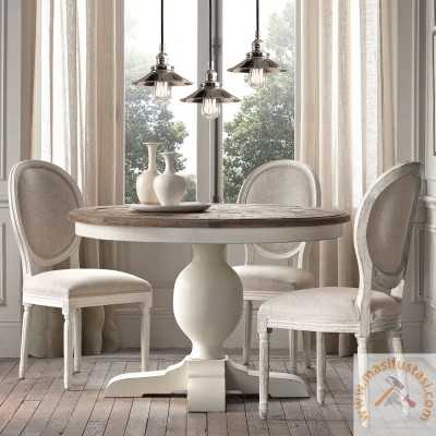 Petra Beyaz Bacaklı Antik Ceviz Renk Tablalı Yuvarlak Ahşap Yemek Masası