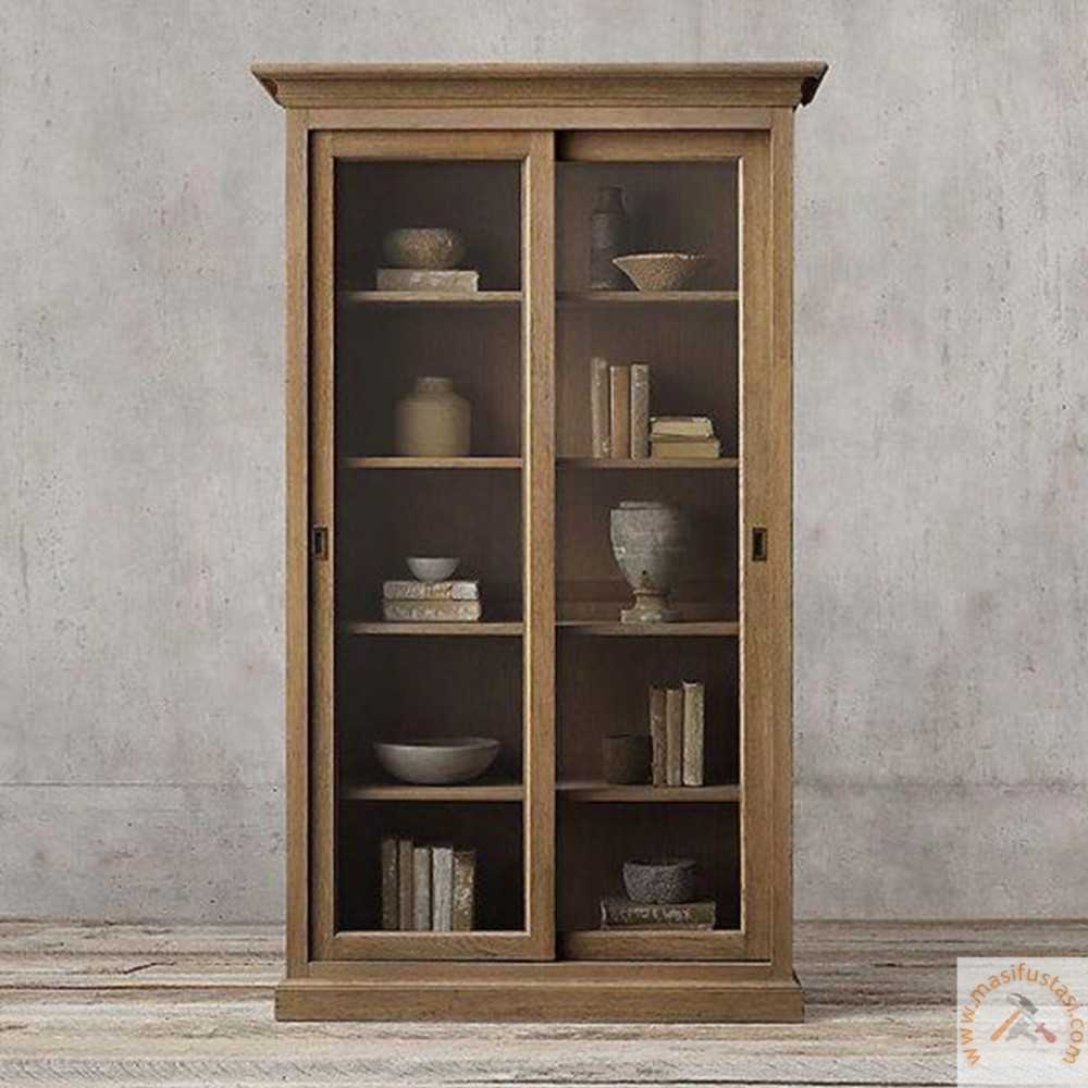 Era Karamel Ceviz Renkli 2 Sürgülü Ve Cam Kapaklı Ahşap Kitaplık Vitrin