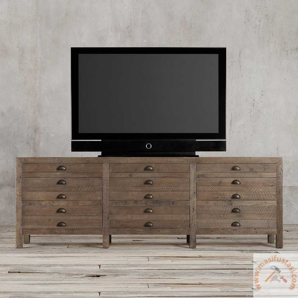Maker Eskitme Koyu Ceviz Renkli Büyük Boy Masif TV Konsolu